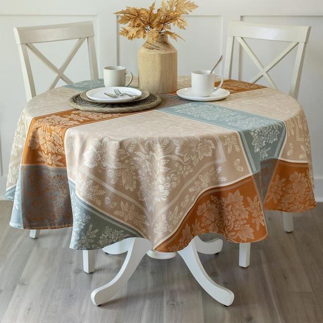 Benson Mills Harvest Gathering Heavyweight Engineered Jacquard Fabric Table Cloth Décor for Fall, Harvest and Thanksgiving Tablecloth (Gathering Taupe, 70" Round)
