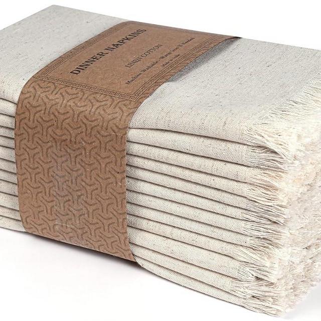 Linen Cloth Napkins 18x18 inch Set 12 Natural with Fringes Corner, Dinner,Wedding,Table,Baby Shower,Machine Washable Fabric Napkins