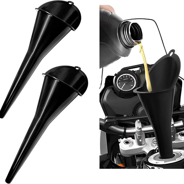 Long-Neck Oil Funnel for Automotive – Multi-Function Plastic Funnel for Oil, Gas & Lubricants – Universal Car Accessory (Black (2-Pack))