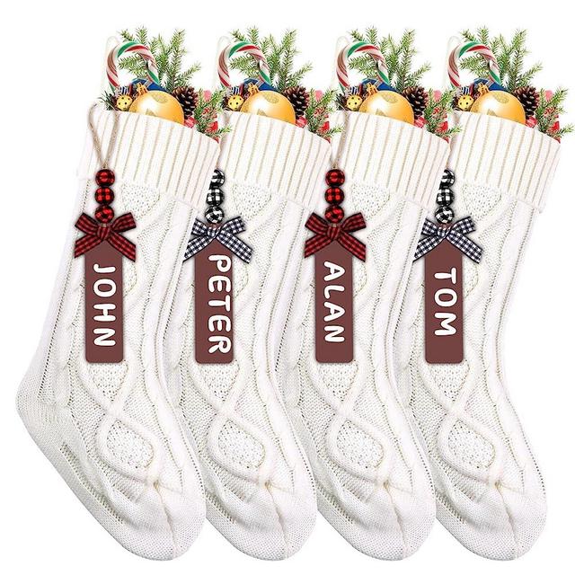 XIMISHOP 4PCS White Christmas Stockings, 18inch Large Personalized Cable Knitted Xmas Hanging Stocking Decorations with Name Tags for Holiday Christmas Party Family Decor