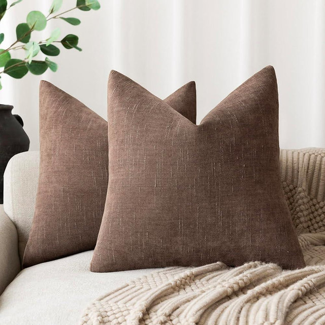 Foindtower Set of 2 Soft Textured Chenille Throw Decorative Pillow Covers Square Accent Solid Cushion Cover Cozy Neutral Farmhouse Pillow Case for Couch Sofa Bedroom Living Room 22x22 Inch, Chocolate
