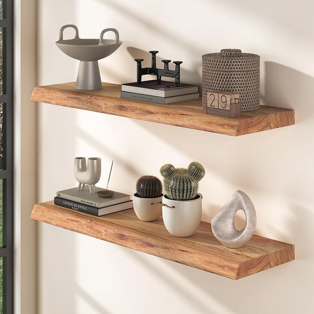 Floating Shelves for Wall, 32" Live Edge Solid Elm Wood Floating Shelf, Wall-Mounted Display Shelves with Invisible Heavy-Duty Metal Bracket, Floating Shelf for Kitchen (Natural, Set of 2)