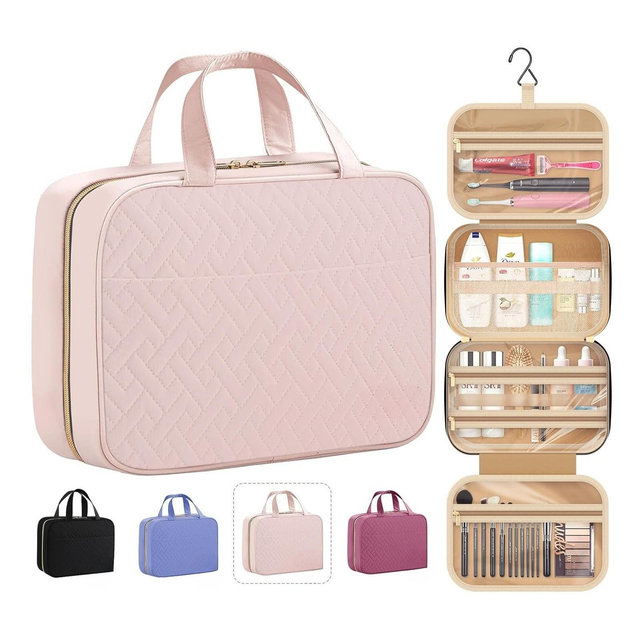 Hanging Waterproof Travel Toiletry Bag for Women and Men. Makeup Bag with Big Compartment for Travel Essentials. Pale Pink Large