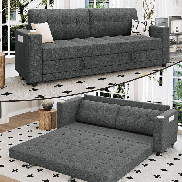 HYZQ Upgraded Queen Size Futon Sofa Bed, 83" Thick Upholstery Loveseat Sleeper Sofa Pull Out Couch, Convertible Floor Couch for Bedroom/Living Room (Dark Grey)