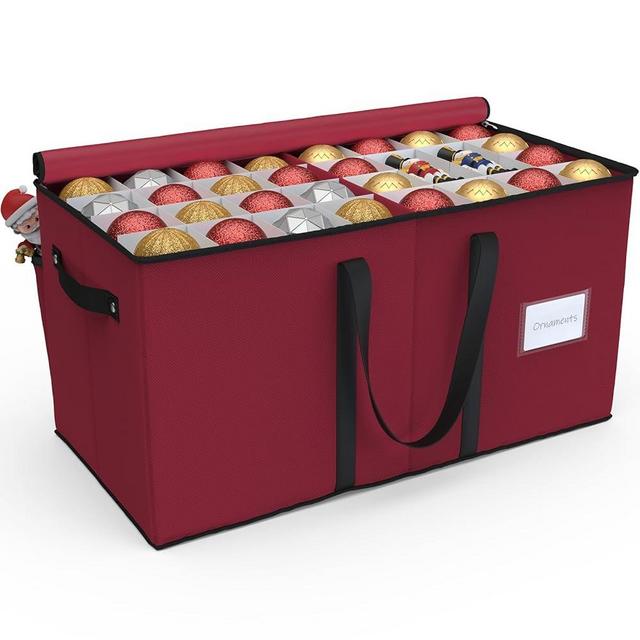 Sunvigor Christmas Ornament Storage Box, Christmas Storage Containers, Fits 128 Ornament Organizer Storage Box with Adjustable Dividers, Dual Zippers, 600D Oxford Christmas Decor Storage(Rose Red)