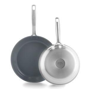 GreenPan Treviso 9.5” and 11” Frying Pan skillet Set, Non-Toxic PFAS-Free Stainless Steel Ceramic Nonstick Coating, Induction Suitable, Multi Clad, Pouring Rims, Dishwasher & Oven Safe to 600°