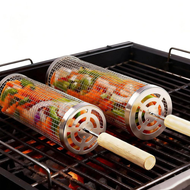 Rolling Grill Basket 2-Pack, Premium 304 Stainless Steel, Removable Wooden Handles, Upgrade Rolling Grill Baskets for Outdoor Grill, BBQ Grill Accessories for Outdoor Grill, Outdoor Gifts for men