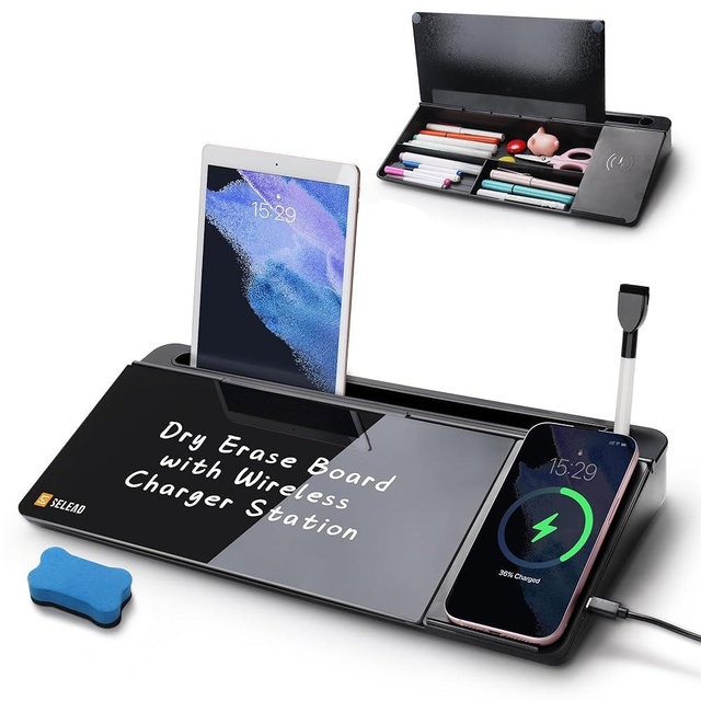 SELEAD Desktop Glass Whiteboard with Wireless Charger Station, Dry Erase Board Computer Pad Keyboard Stand with Organizer for Home, School, Office Desk Accessories, Black