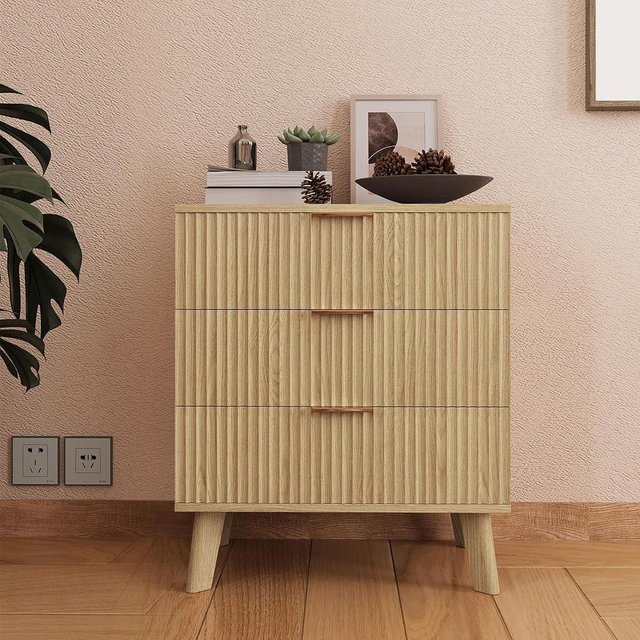 XUZENEST Fluted 3 Drawer Dressers, Modern Closet Dressers Chest of Drawers, Wood Storage Dresser Chest of Drawers Organizer for Bedroom Living Room Hallway Closet(Natural)