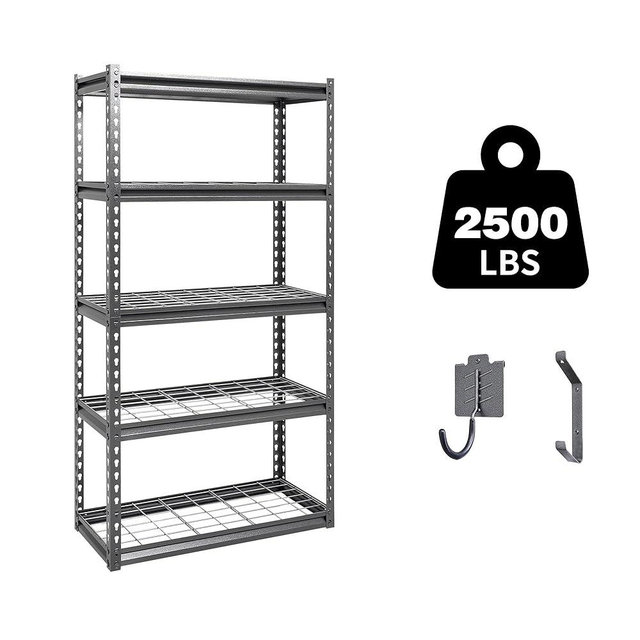 Shuntong The Atlas 30" W x 12" D x 60" H Adjustable Garage Storage Shelves Load 2500 lbs, 5 Tier Heavy Duty Shelving Unit, Metal Utility Storage Rack for Warehouse Pantry Basement Kitchen, Dark Grey