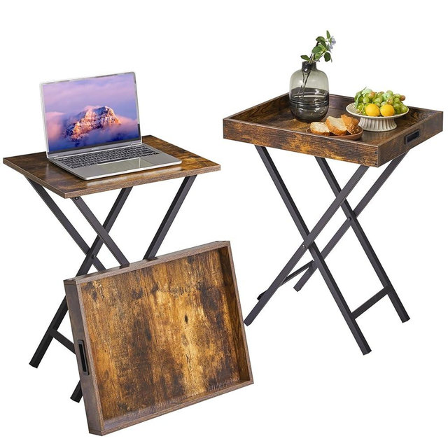IBUYKE Foldable TV Tray Set of 2 TV,End Table with Removable Food Serving Tray,Portable Wooden Snack Table for Livingroom, Bedroom, Office, Camping,Rustic Brown, UTVT001H
