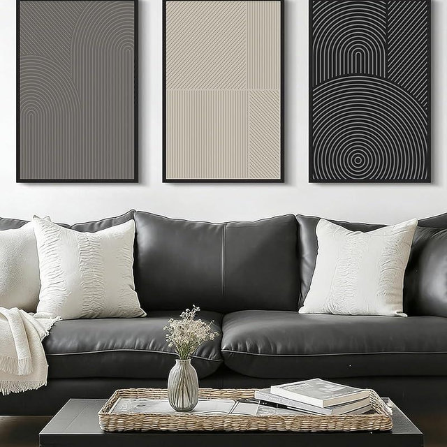 Drsoum Mid-Century Modern Framed Wall Art Large 16x24in Minimalist Abstract Boho Neutral Line Wall Decor Geometric Artwork Kitchen Dining Room Black Framed