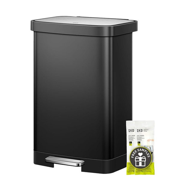 EKO Hudson 50 Liter/13.2 Gallon Kitchen Trash Can with Soft Close Lid, Stainless Steel Step Trash Can, Garbage Can with Rear Trash Bag Storage Compartment for Kitchen, Matte Black