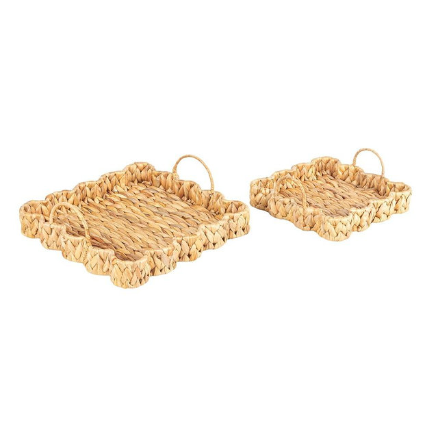 Household Essentials Woven Water Hyacinth Scalloped Square Trays, Set of 2, Natural