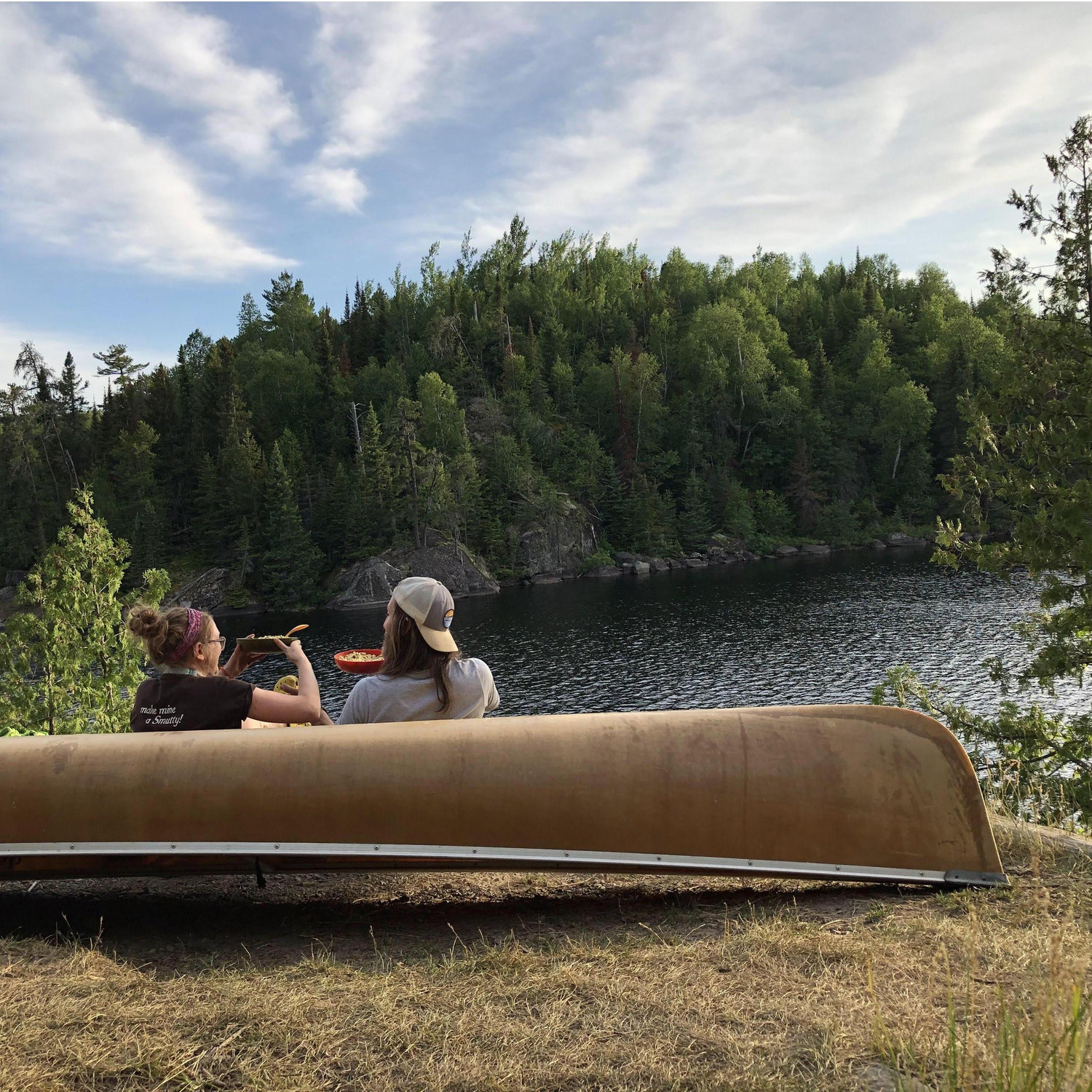 Wisini Lake in the BWCA. Mac&Cheese night with a view. What you cant see are the huge rocks slabs/cliff that we had to bring our gear up to get to this point.