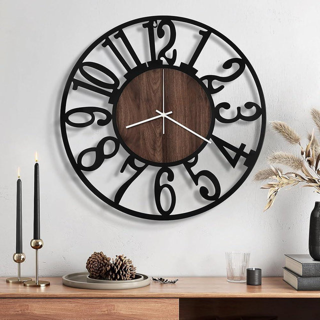 Maxstar Wall Clock Battery Operated,Silent Non-Ticking Modern Rustic Metal Round Clocks Small for Living Room/Bedroom/Office/Kitchen/Farmhouse Home Decor-16 Inch(Brown-Wood)