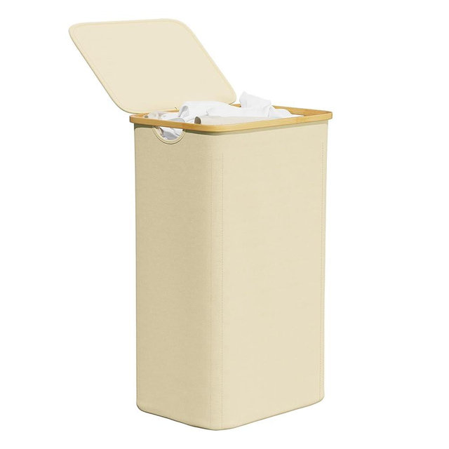 SpaceAid Laundry Hamper with Lid, 110L Large Tall Clothes Basket Bin with Bamboo Handles, Collapsible Laundry Hamper for Bedroom, Bathroom, Dorm, Laundry Room - Beige