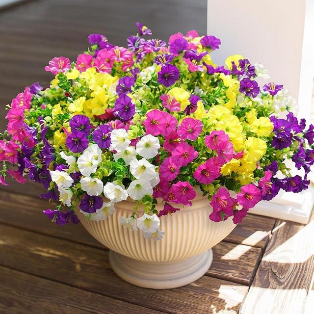 HyeFlora Artificial Faux Flowers Plants for Outdoor Outside Decoration, 12 Bundles Fake Silk Colorful Morning Glory UV Sun Resistant Look Real for Spring Summer Front Door Porch Patio Planter Yard Urn