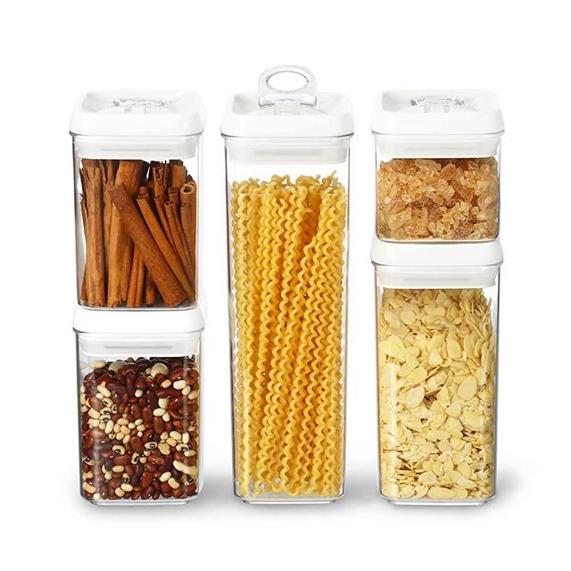 Felli Flip Tite Airtight Food Storage Container with Lids Easy Open, Variety Set of 5 for Salt, Spaghetti, Coffee, Snack, Bean, Pantry Organization and Storage Kitchen Canister Stackable, Clear, Plastic, Air Tight Jar for Organizing Countertop (Regular 5PC Variety Set, White)