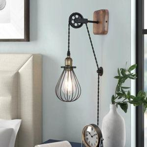 Industrial Farmhouse Plug in Wall Sconce- Metal Wall Lamp Cage with Pulley Lift