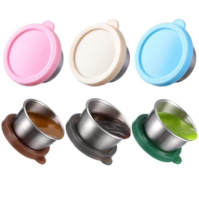 6x1.6 oz Salad Dressing Container To Go, Reusable Condiment Container with Lids, Fits in Bento Box for Lunch, Premium Silicone, Easy Open, Leakproof, Stainless Steel Small Dipping Sauce Cups with Lids
