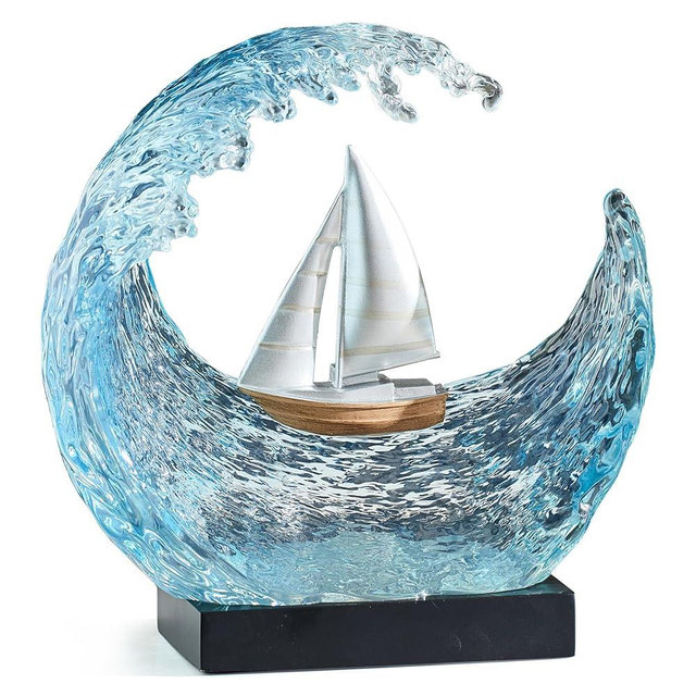 Sailboat Sculpture Ocean Wave Art Decor, Handcrafted Blue Clear Resin Wave with Sailboat, Modern Nautical Statue Table Decortions for Living Room Office Desk Entryway