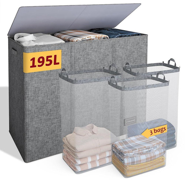 195L Laundry Hamper 3 Section,Large Laundry Hamper with Lid,Dirty Clothes Hamper with 3 Inner Bags,Collapsible Laundry Basket Organizer for Laundry Room,Bedroom,Laundry Sorter Hamper 3 Compartment