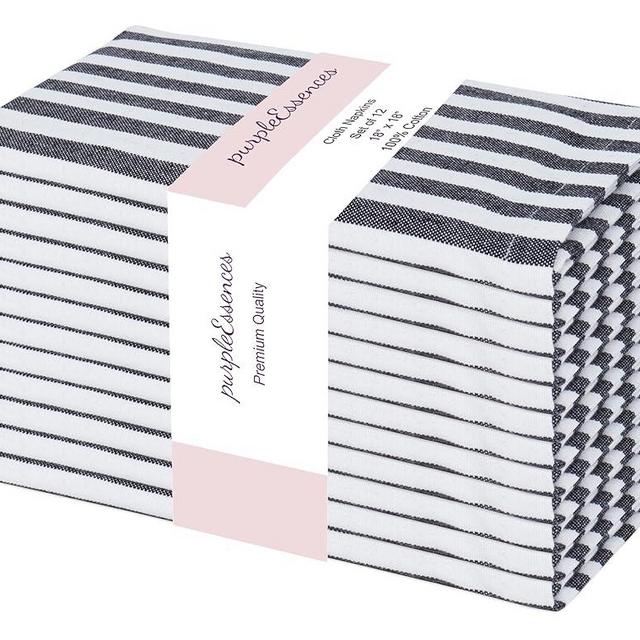 PurpleEssences Plain Striped Cloth Napkins - Set of 12-100% Cotton - 18 x 18 Inch - Spring Summer Easter - Perfect Everyday Use Dinner Napkin - Black and White