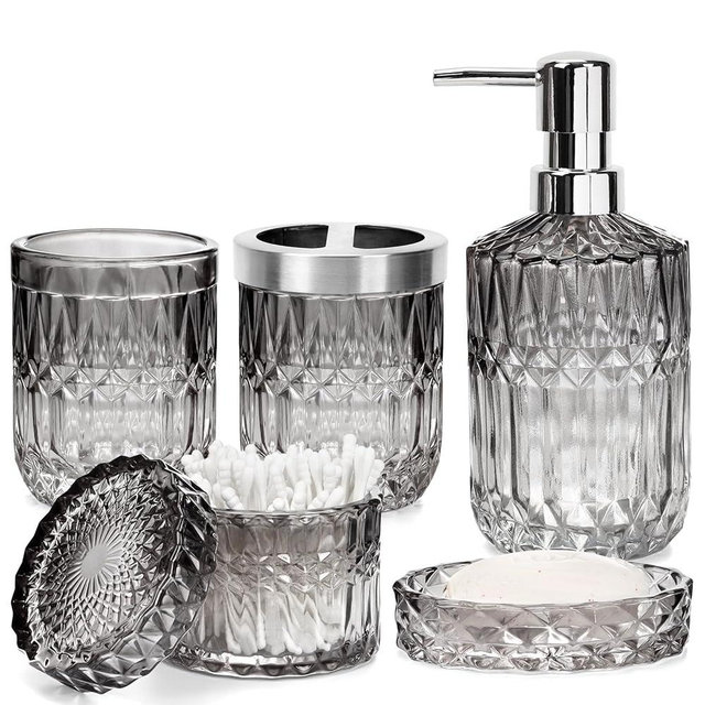 Ulable Bathroom Accessories Set, 5Pcs Bathroom Soap Dispenser Set, Glass Bathroom Accessories with Glass Soap Dispenser, Soap Dish, Toothbrush Holder, Tumbler, Cotton Swab Jar (Gradient Black & Clear)