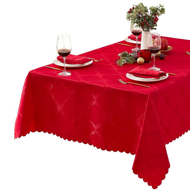 Newbridge Rectangle Tablecloth, 60 x 144 Inch, Ribbons and Bows Damask, Wrinkle and Stain Resistant Fabric Table Cloth, Holiday Red