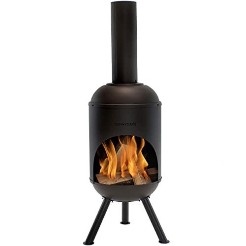 Sunnydaze Modern Chiminea - Steel Outdoor Wood-Burning Fire Pit - Large 5-Foot Black Fireplace - Durable Wood Grate - Quick & Easy Assembly - Perfect for Patio, Deck or Backyard Use