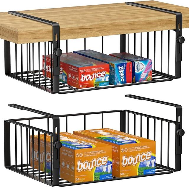 AmonHouseware 2Pack Under Shelf Basket Organizer,Adjustable Hanging Holder Storage for Cabinet Pantry Kitchen Cupboard Desk Counter Bookshelf Organization Add-on Space Saver Heavy Duty Slide-in,Black