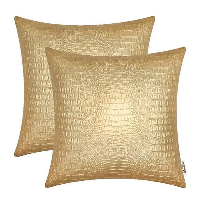 BRAWARM Gold Throw Pillows, Gold Faux Leather Pillow Cover 18 X 18 Inches, Crocodile Gold Decorative Pillows for Couch Living Room Garden Couch Bed Sofa, Pack of 2