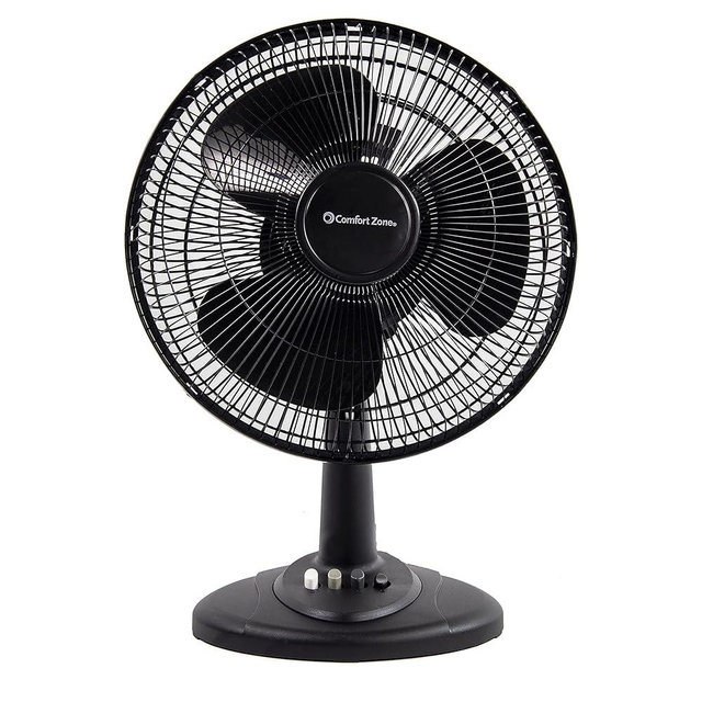 Comfort Zone Oscillating Table Fan with Adjustable Tilt, Convenient Push Button Controls, Quiet, 12 inch, 3 Speed, Desk Fan, Airflow 7.25 ft/sec, Ideal for Home, Bedroom, Dorm & Office, CZ121BK