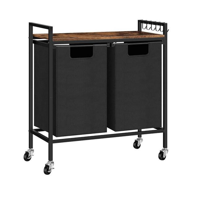 Laundry Hamper, Rolling Laundry Basket 2 Section, Laundry Sorter Cart with Shelf, 2 Bag Laundry Organization and Storage for Clothes, Hampers on Wheels and Hooks for Lavatory Bathroom, Brown and Black