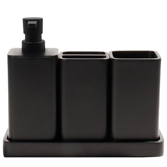 YMXYJM Bathroom Accessories Set, 4 Pcs Bathroom Accessory Set, Soap Dispenser, Toothbrush Holder, Qtip Holder Set, Bathroom Sets Complete, Bathroom Sink Set for Modern Home,Matte Black