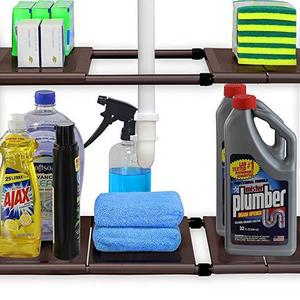 SimpleHouseware Under Sink 2 Tier Expandable Shelf Organizer Rack, Bronze (expand from 15 to 25 inches)