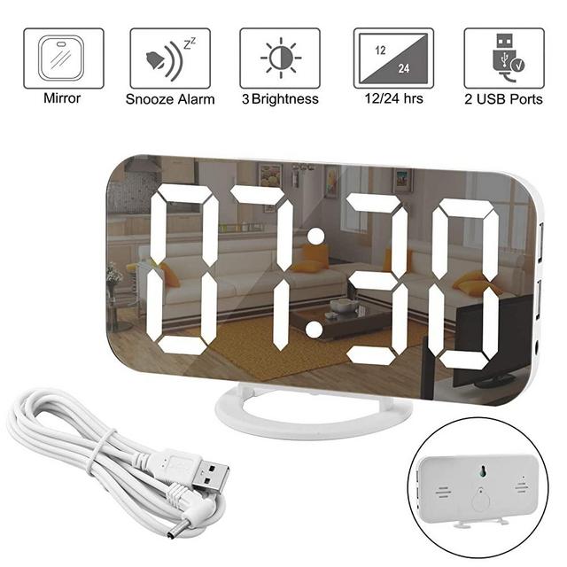 Digital Clock Large Display, LED Electric Alarm Clock Mirror Surface for Makeup with Diming Mode, 3 Levels Brightness, Dual USB Ports Modern Decoration for Home Bedroom Decor-White