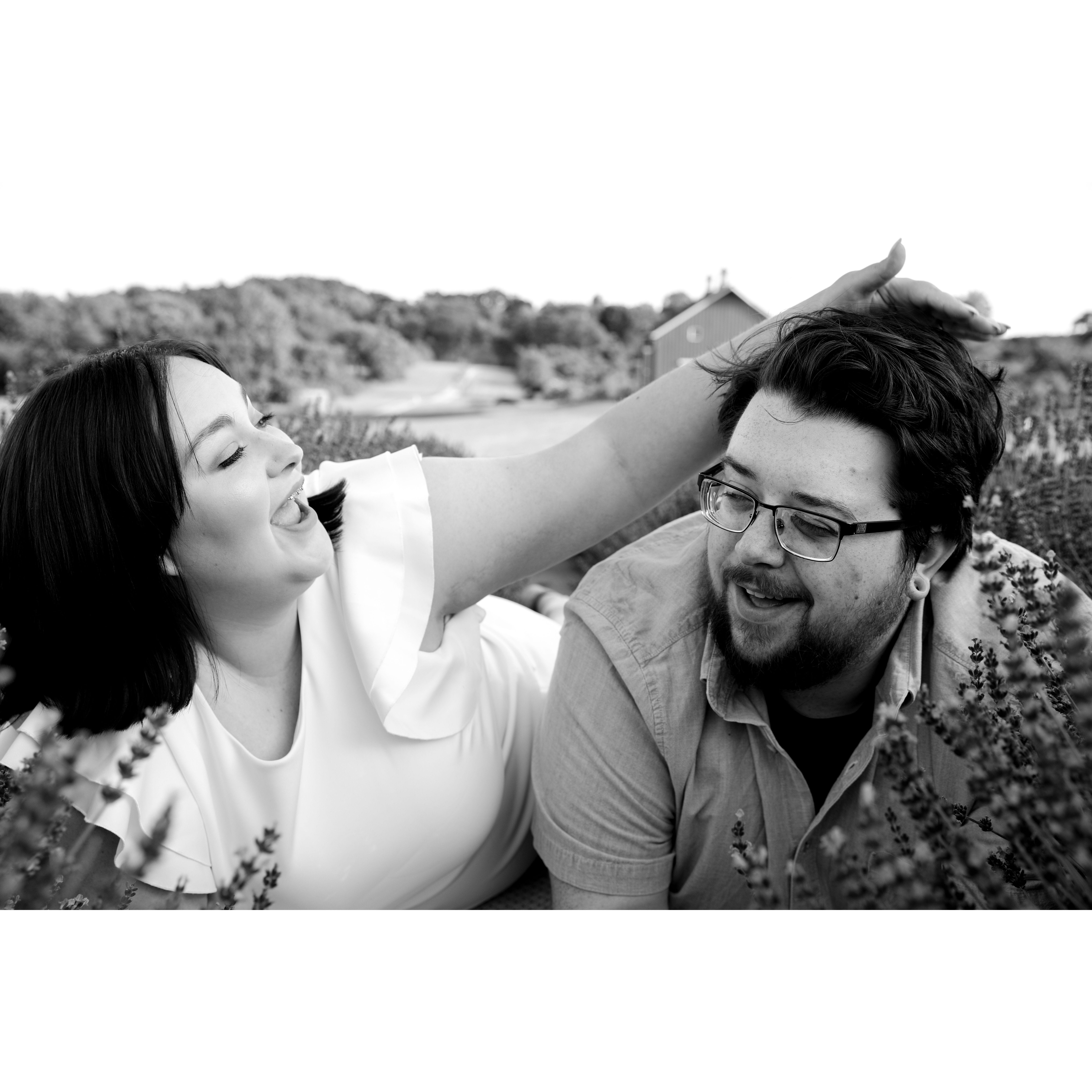 Engagement photoshoot at Sunset Ridge Lavender Farms. Photographer was Bloom Photography, LLC