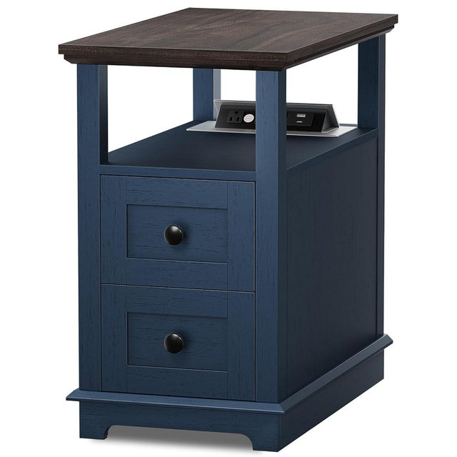 HIFYOBRO 2 Drawers End Table with Flip Top Charging Station Set of 2, Narrow Side Table, Type-C & USB Port & Power outlets, Wooden Storage End Table for Living Room, Bedroom