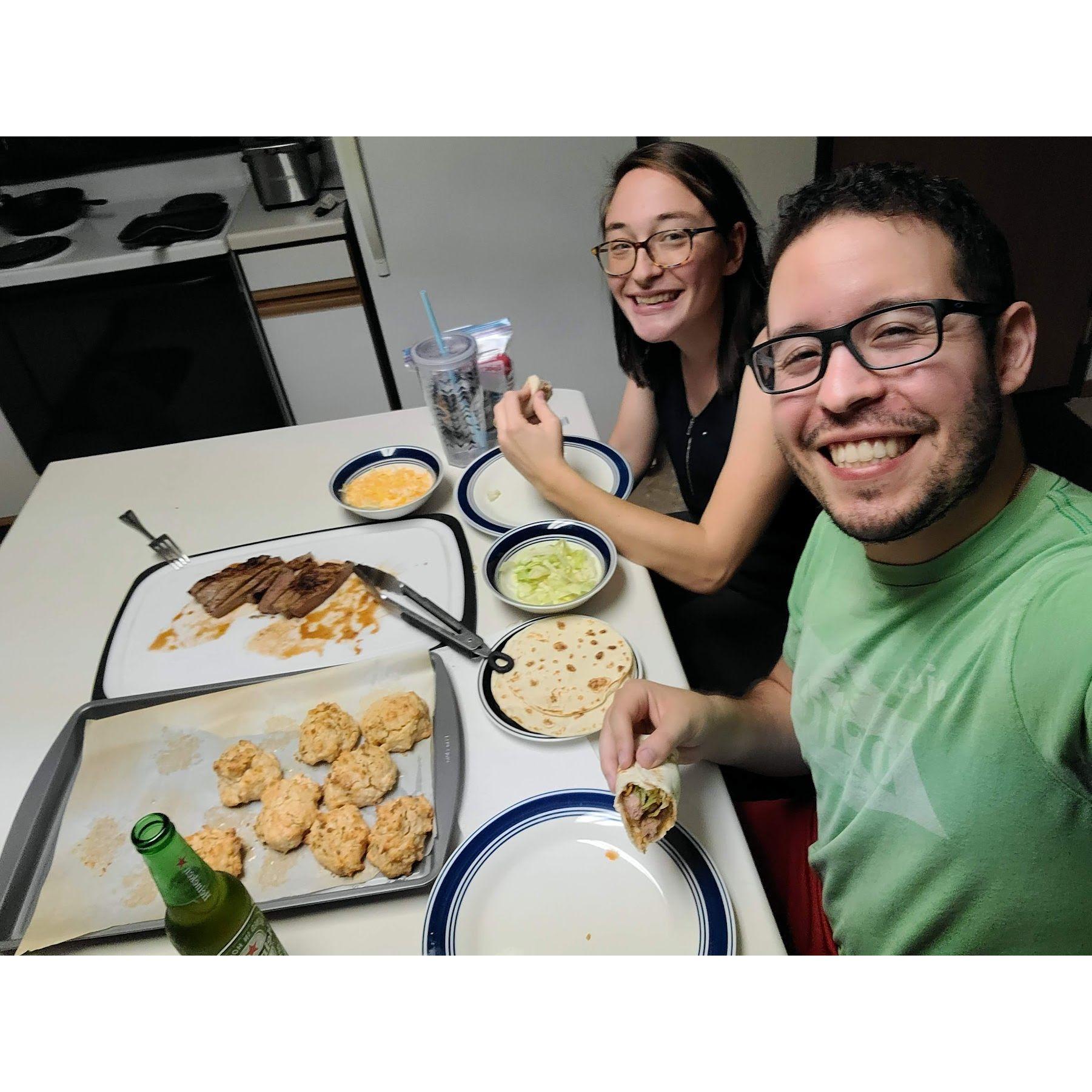 Shortly after we started dating, we had Fajitas and biscuits for a date night!