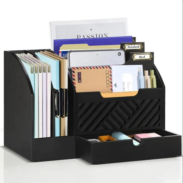 Niciksty Wood Desktop Mail Organizer, Fantasyon Mail Organizer Countertop with 6 Compartments and Drawer, Wood Desk Drawer Organizer for File Letter Paper Folder, Black
