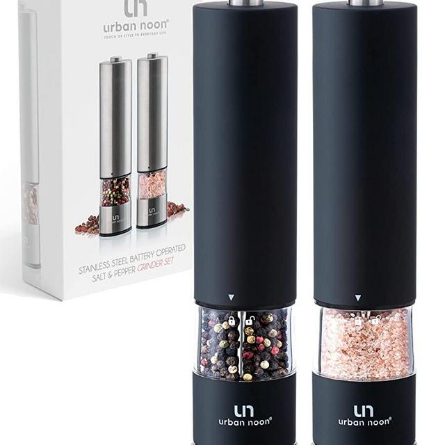 Electric Salt and Pepper Grinder Set - Battery Operated Stainless Steel Mill with Light (Pack of 2 Black Mills) - Automatic One Handed Operation - Electronic Adjustable Shakers - Ceramic Grinders