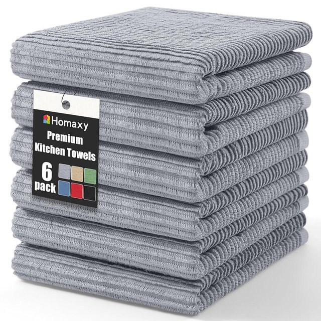 Homaxy Premium Kitchen Towels (18"x 28", 6 Pack), Large 100% Cotton Kitchen Hand Towels, Ultra Absorbent Ribbed Terry Tea Towels Set with Hanging Loop, Grey