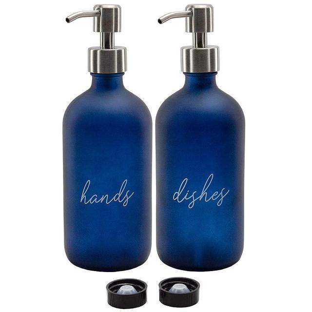 Cornucopia 16oz Hands Dishes Pump Bottles (Blue, Set of 2); Frosted Blue Pump Dispensers for Kitchen and Home