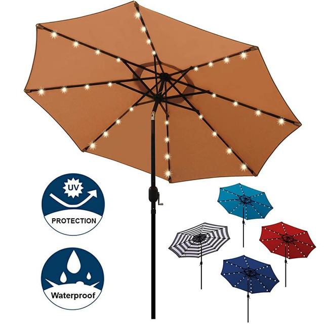 Blissun 9 ft Solar Umbrella, 32 LED Lighted Patio Umbrella, Table Market Umbrella, Outdoor Umbrella for Garden, Deck, Backyard, Pool and Beach (Tan)