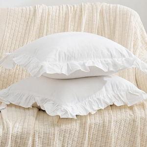 2 Pack Ruffle Throw Pillow Covers Farmhouse Off White Shabby Washed Cotton Decorative Pillow Shams for Bed, Sofa, Living Room-20"x20" White