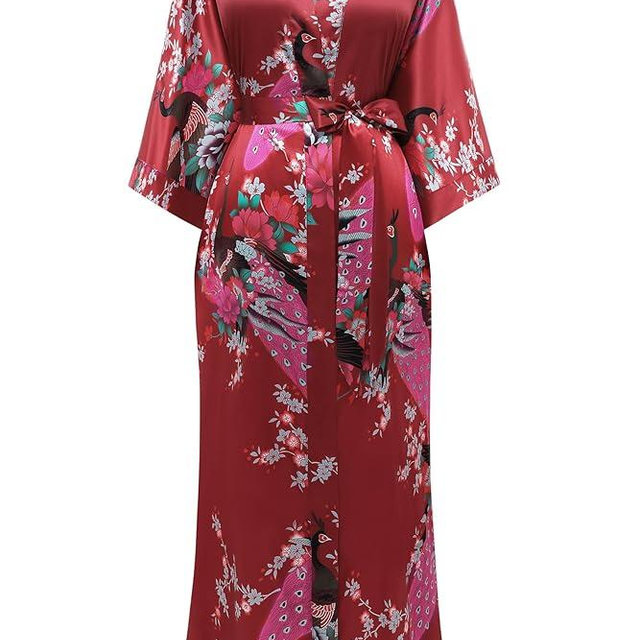BABEYOND Women's Kimono Robe Long Satin Robes with Peacock and Blossoms Printed Kimono Nightgown