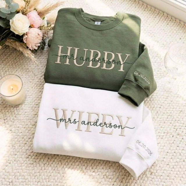 Wifey Hubby Embroidered Sweatshirt, Custom Honeymoon Bridal Crewneck