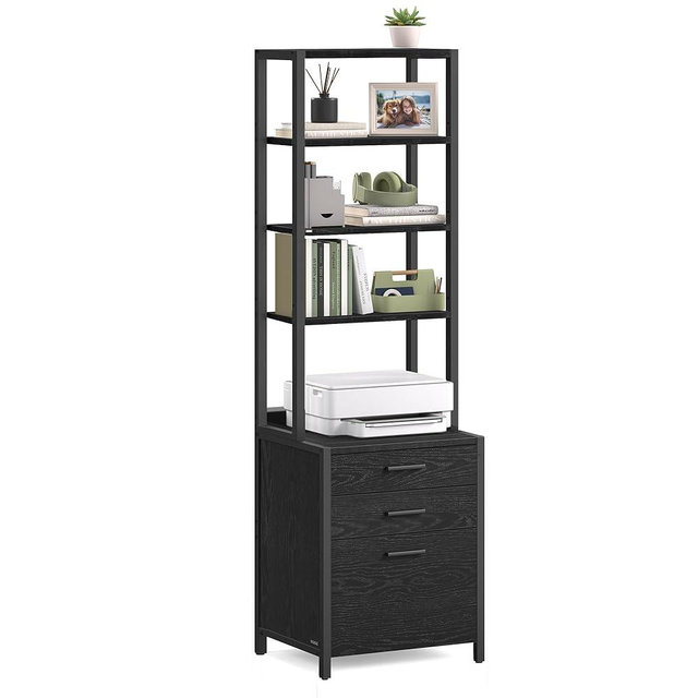 VASAGLE File Cabinet, Home Office Filing Cabinet with Height-Adjustable Open Shelves, 3 Drawers, for A4, Letter-Size Hanging File Folders, Steel Frame, for Home Office, Ebony Black UOFC078B16